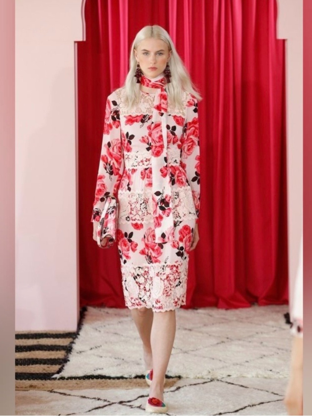 kate spade Long Sleeve Floral Lace Midi Dress - Pink & Cream - Picture 2 of 11